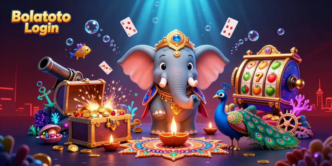 Engage in exciting gaming action with Bolatoto Login spotlighting colorful slot reels and dynamic casino elements.