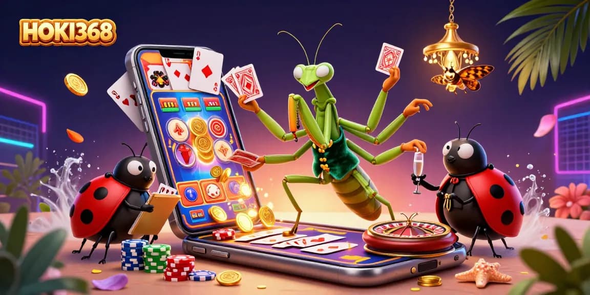 Experience HOKI368 through a vibrant 3D scene of gaming excitement with a mantis card sharp and ladybug pit boss.