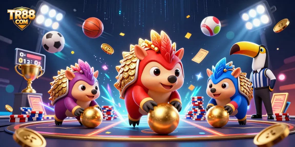 Engage in exciting betting activities with TR88 COM featuring dynamic pangolins, vibrant casino elements, and thrilling sports action.