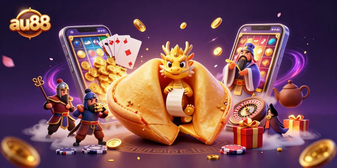 Experience thrilling gaming with au88 through a dynamic illustration showcasing fortune cookies and casino games.