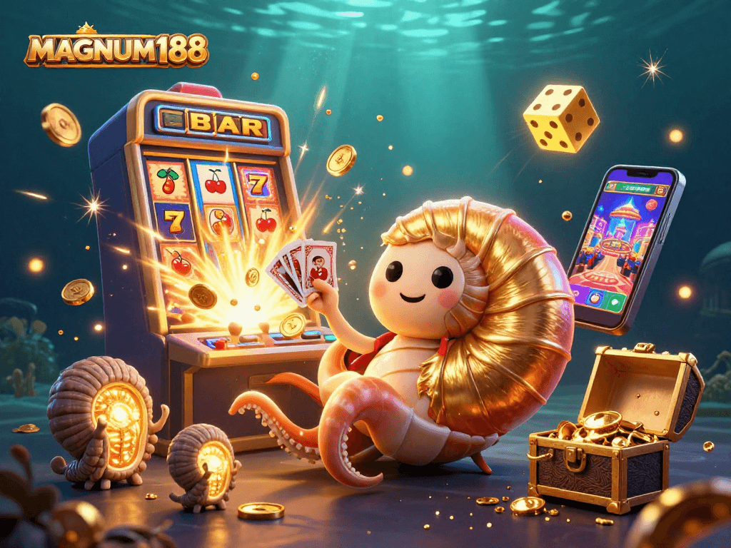 Experience the excitement of MAGNUM188 with a dynamic 3D illustration featuring a giant nautilus and magical casino elements.