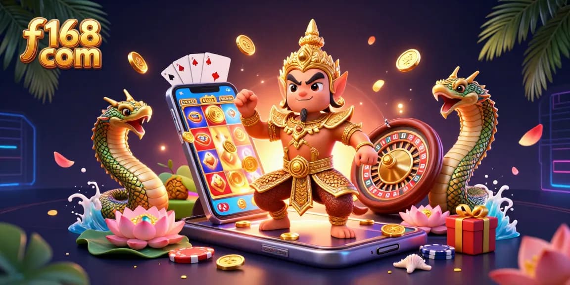 Experience exciting games at f168 com with vibrant 3D casino art featuring unique elements.