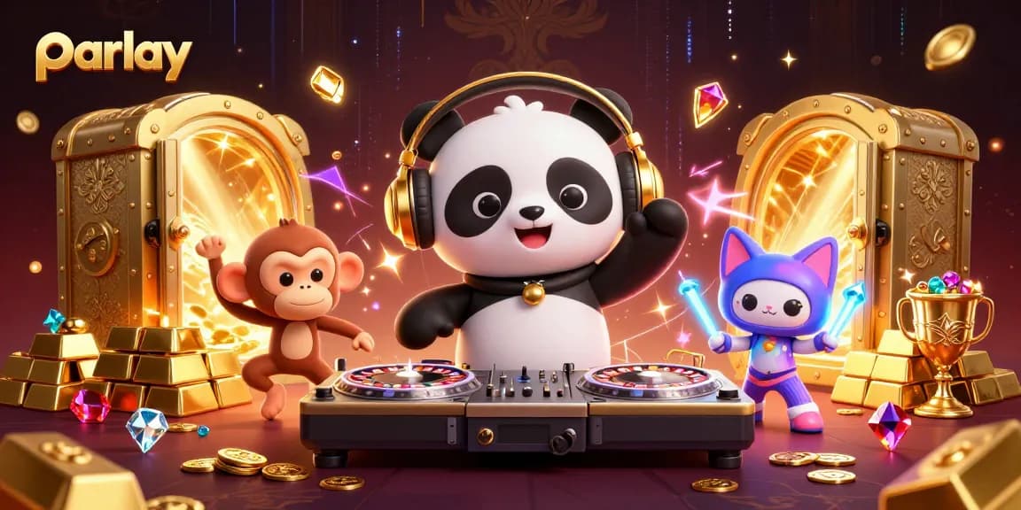 Engaging parlay illustration with a DJ panda, breakdancer monkey, and rave kitten amid casino gold.