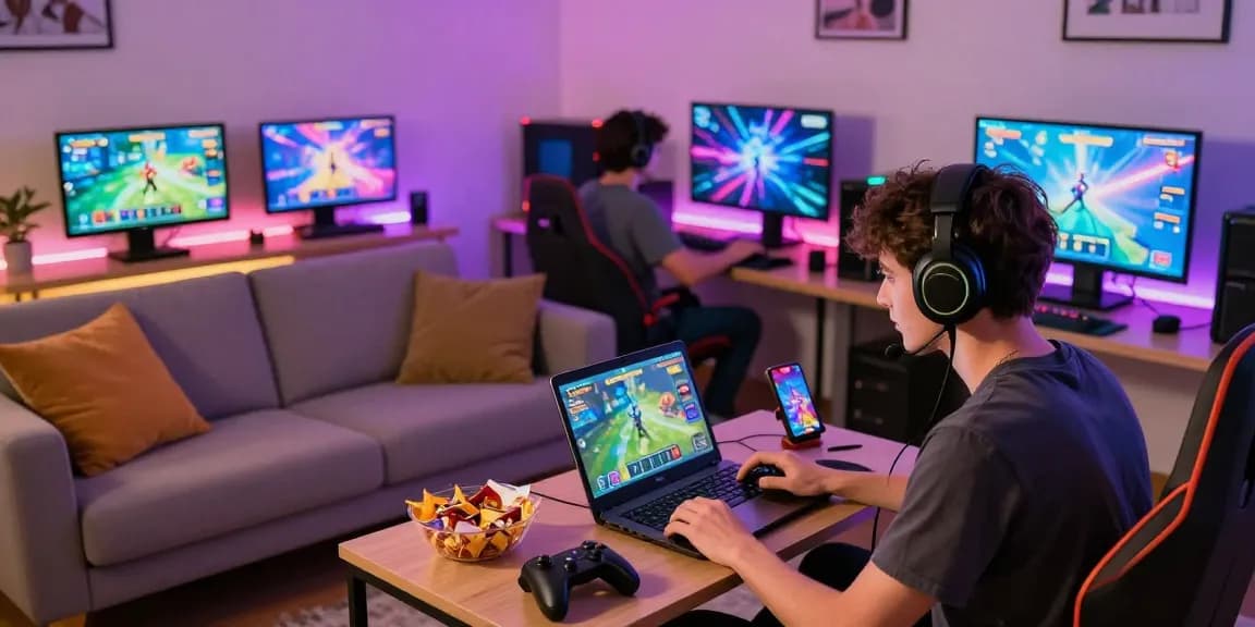 Players enjoying diverse porn games online in a cozy gaming setup, showcasing multiple devices and vibrant visuals.