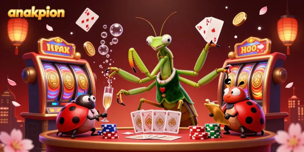 Anakpion showcases a vibrant, dynamic illustration featuring a giant praying mantis card sharp and ladybug pit boss in a casino setting, embodying excitement and energy.