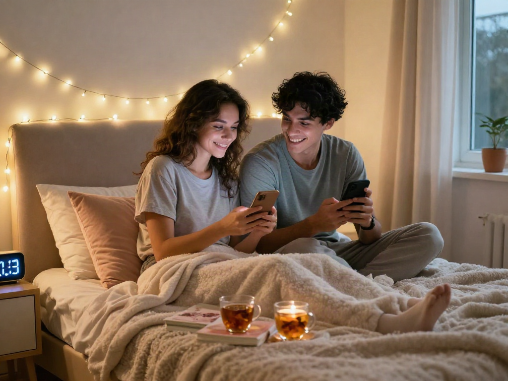 Couple engaged in ai sexting, cozy bedroom scene with intimate smartphone interaction.