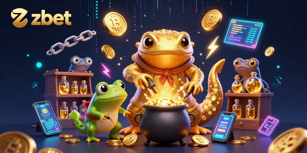 Experience zbet's thrilling casino scene with golden salamander alchemists and vibrant crypto elements.