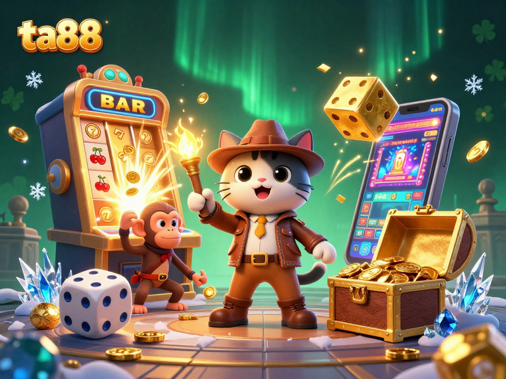 Join the thrilling ta88 adventure with a cartoon cat and monkey in this vibrant casino scene.