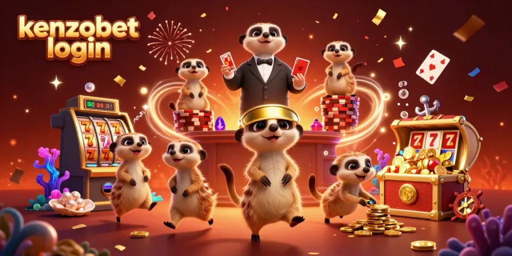 Experience the vibrant kenzobet login scene with meerkats in a lively casino atmosphere.