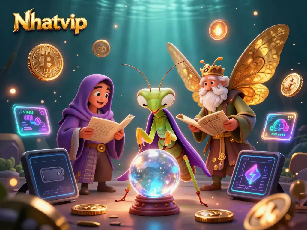 Nhatvip engages players with a dynamic scene featuring a fortune teller, ancient scrolls, and glowing cryptocurrency.
