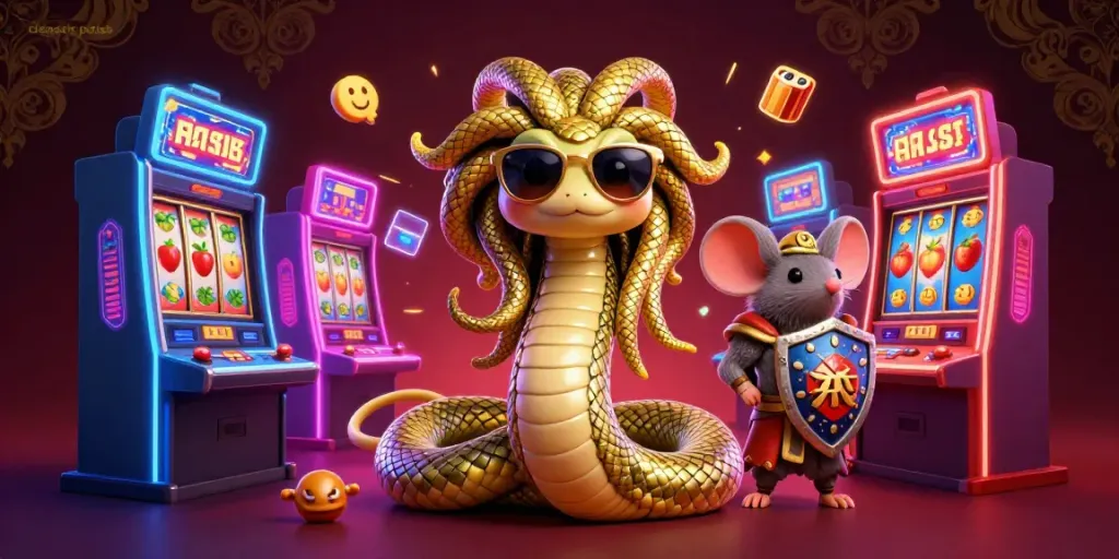 Engage with deposit pulsa slots in a vibrant 3D casino scene featuring Medusa and warrior mouse.