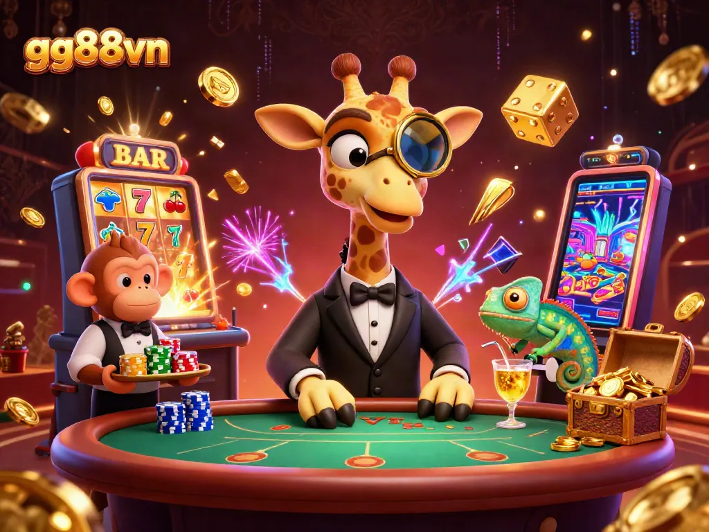 Experience the excitement with gg88vn's vibrant casino scene showcasing a high-roller giraffe, monkey valet, and cocktail mixing chameleon.