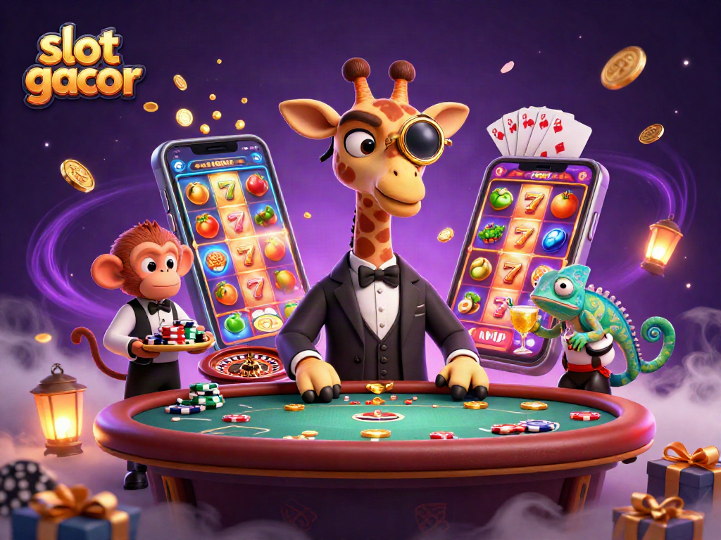 Engage with slot gacor in a vibrant casino scene featuring a high-roller giraffe and dynamic game elements.