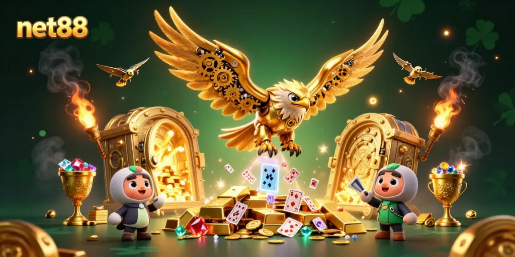 net88 showcases a 3D cybernetic eagle diving amid holographic cards and treasures in an exciting casino scene.