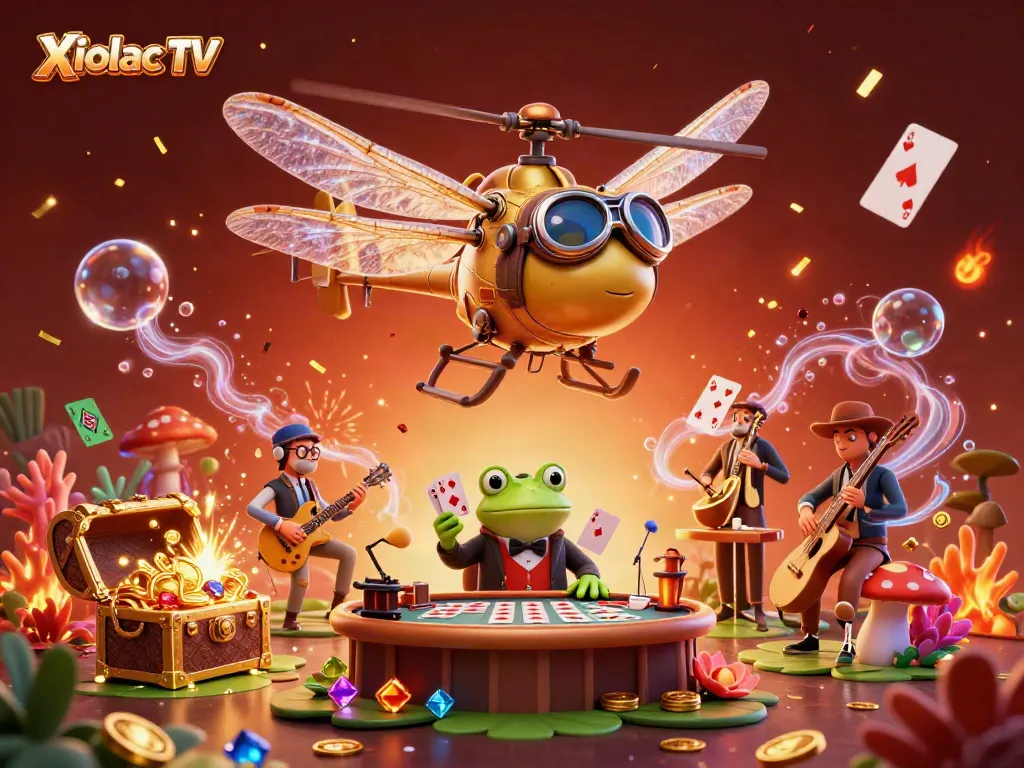 Xoilac TV offers an exciting gambling experience with a vibrant scene featuring dynamic characters and casino elements.