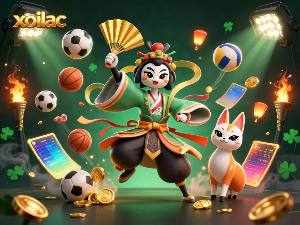 Xoilac features a dynamic 3D scene of a kabuki warrior crane and a kitsune mask amidst soaring sports elements and vibrant trophies.