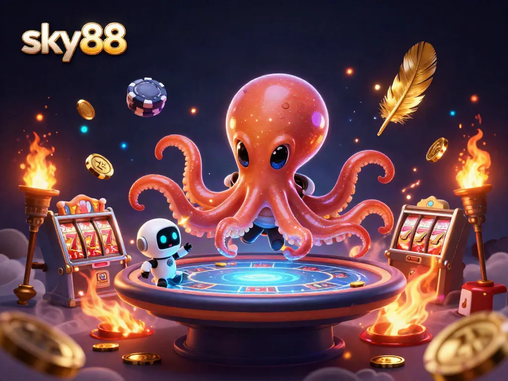 sky88 casino experience with a cartoon alien octopus at a holographic poker table