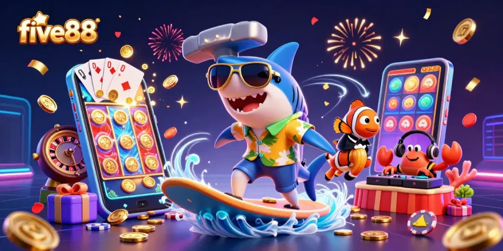 Experience five88 with a dynamic casino scene showing characters enjoying games and winning excitement.