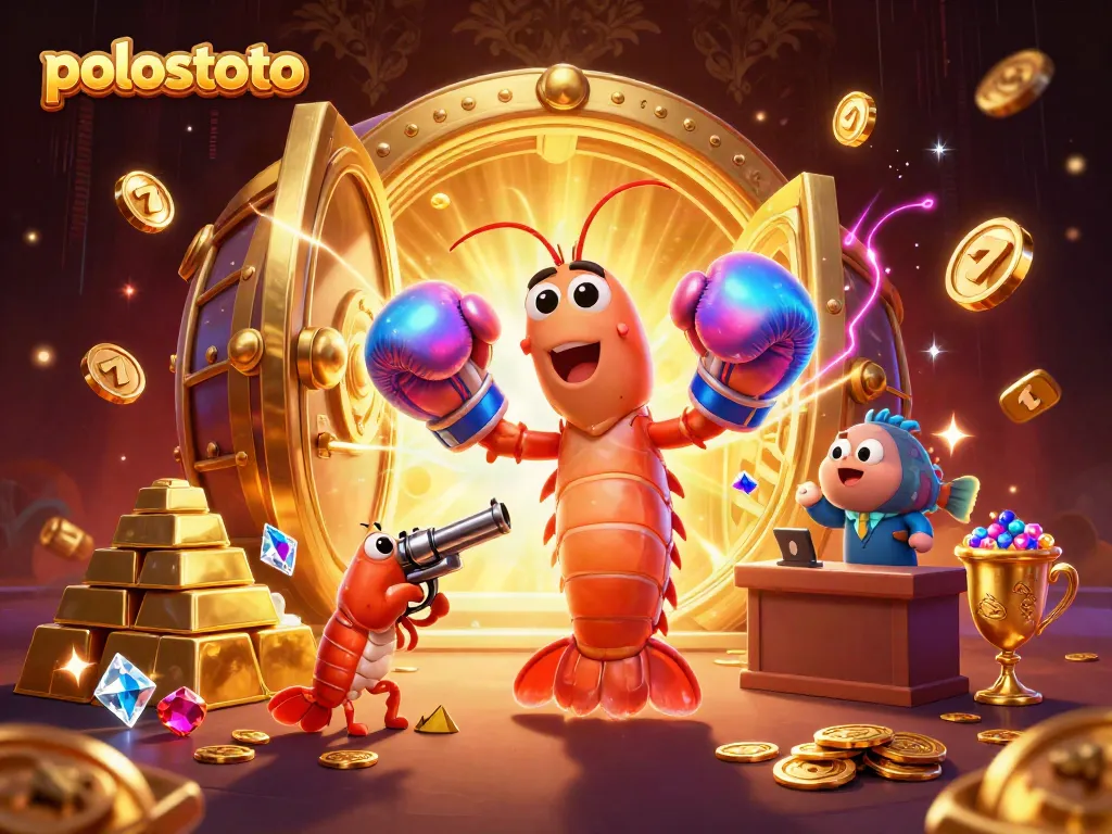 Engage with polostoto's thrilling gameplay depicted by cartoon characters amid golden treasures and slot machines.