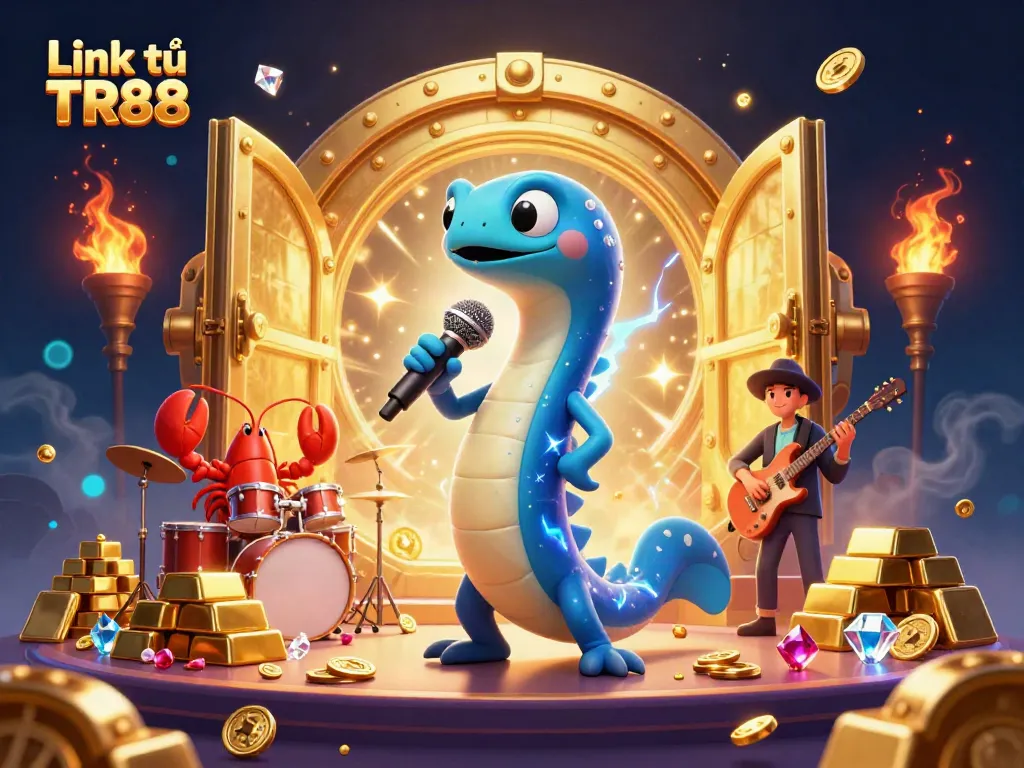Engage with Link từ TR88 in a vibrant underwater casino illustration showcasing electrifying characters and treasures.