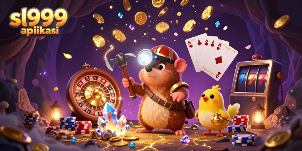Spin and win with sl999 aplikasi, featuring a treasure hunter and vibrant casino elements.