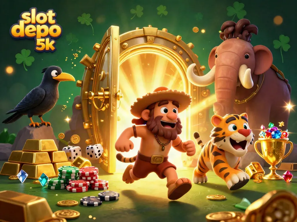Experience the thrill of slot depo 5k in a dynamic prehistoric casino setup with engaging characters.