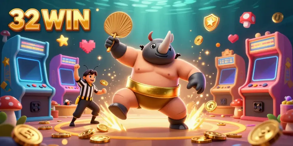 Experience thrilling action with 32 WIN as the champion beetle stomps, sending coins flying in this vibrant casino scene.