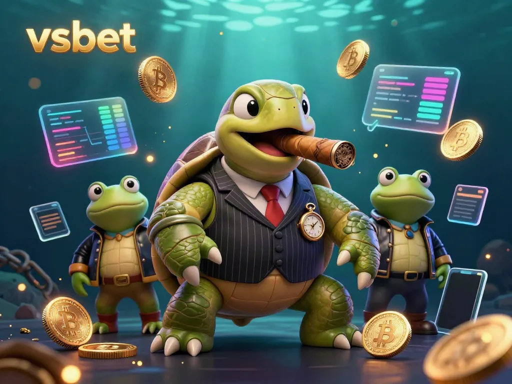 Experience the thrill of vsbet with 3D characters and crypto elements in a vibrant casino scene.