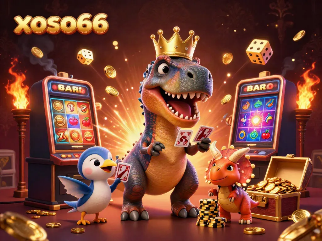 Experience excitement with xoso66 as a T-Rex shuffles cards while friends stack chips in a vibrant casino scene.