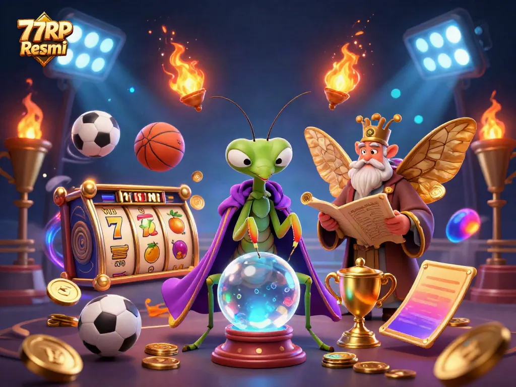 Engage with 77RP Resmi's vibrant casino atmosphere featuring mystical characters interacting with slots and sports elements.