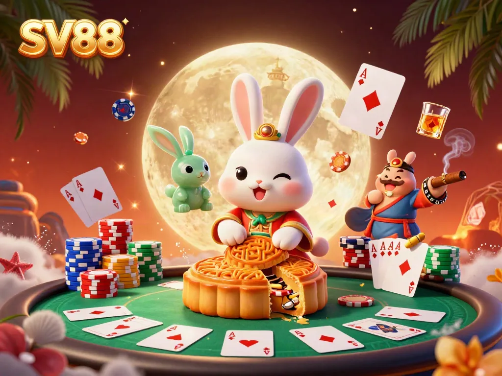 SV88 reveals poker chips inside golden mooncakes, embodying a vibrant casino experience.