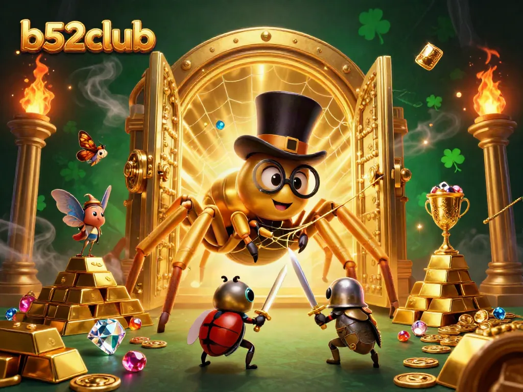 The brave beetle knight approaches the golden tarantula in b52club, surrounded by treasures and shimmering lights.