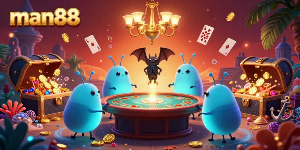 Experience gaming excitement at man88 with a vibrant casino scene featuring glowing characters and treasure elements.