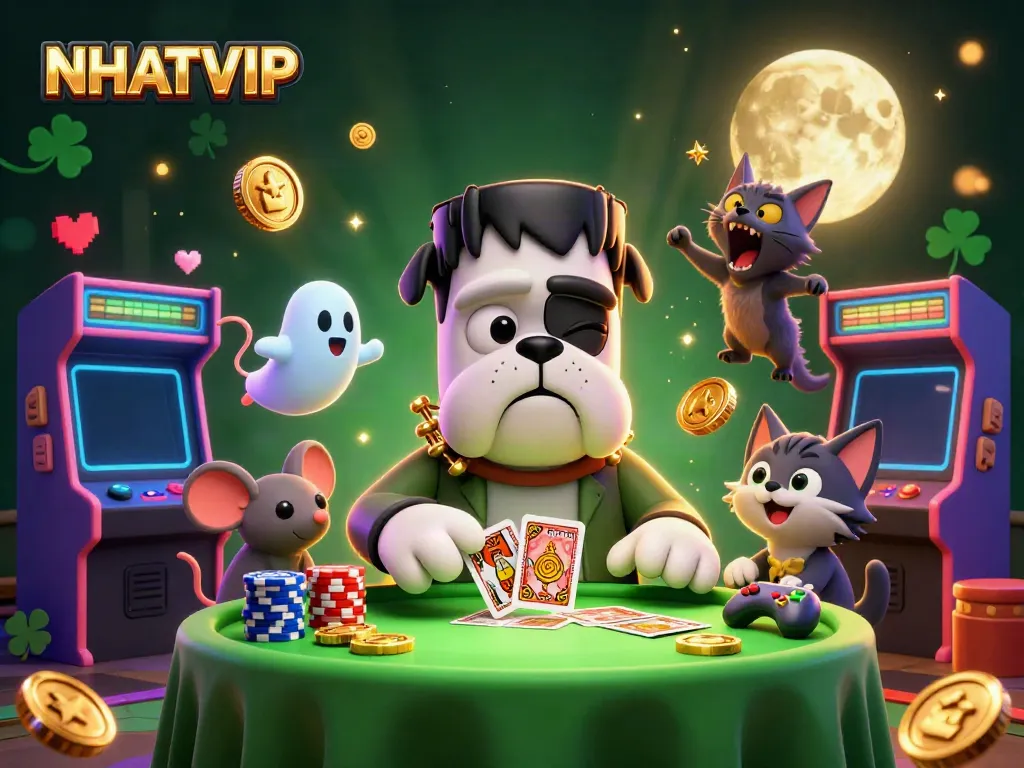 Engage with NHATVIP's captivating casino scene featuring a monster dealer and vibrant game elements.