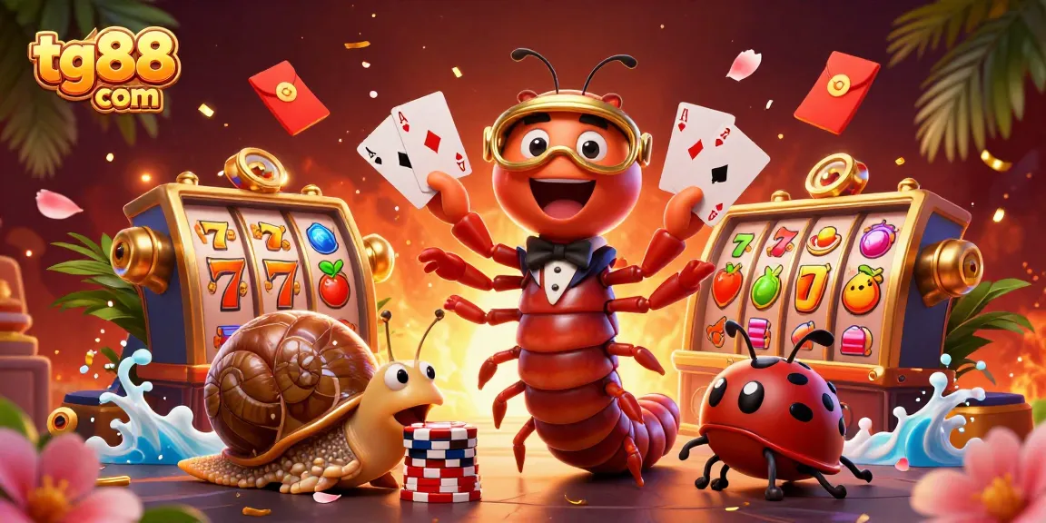 Join in on excitement at tg88 com with vibrant casino characters, slot reels, and festive decorations.