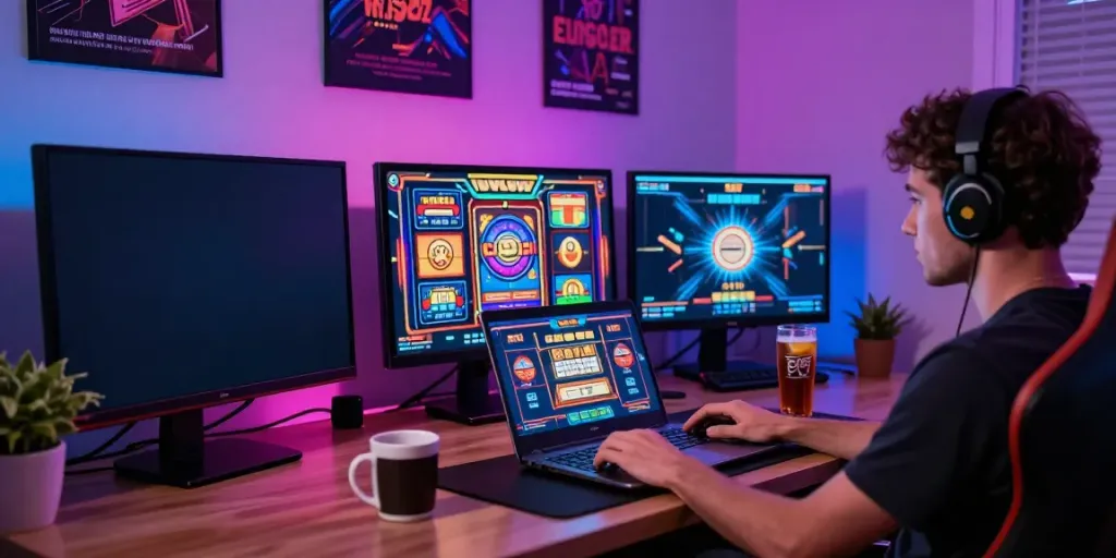 Gamer menggunakan sapporo88 link untuk bermain slot online di ruang modern.