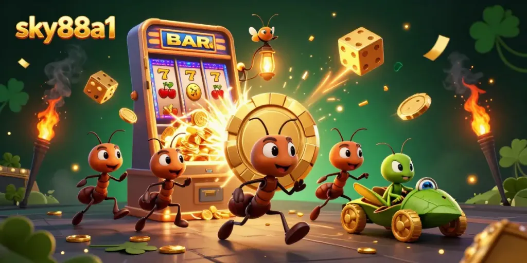 Engage in thrilling gameplay with sky88a1, featuring a cartoon heist scene with vibrant casino elements.
