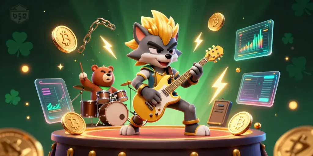 Engage thrillingly with b52 at a vibrant casino scene featuring rock star wolf and drummer bear.