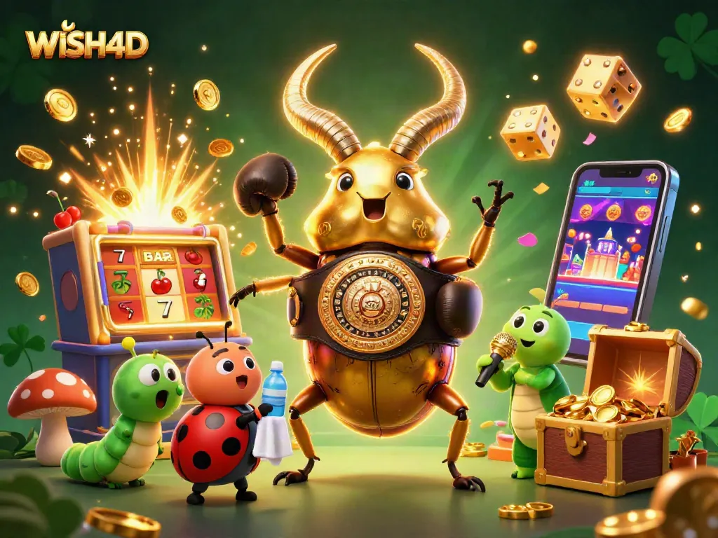 Experience the WISH4D action in this vibrant casino-themed 3D illustration filled with slot machines and characters.
