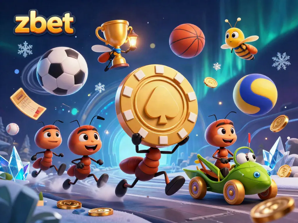 Engage with zbet's vibrant gaming scene as ants pull a gigantic poker chip amidst dynamic sports elements.