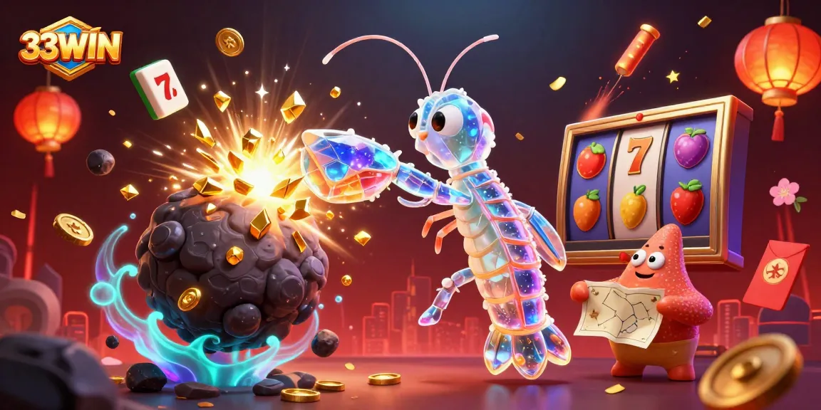 33WIN brings excitement alive in a dynamic slot feature scene with colorful characters and glowing effects.