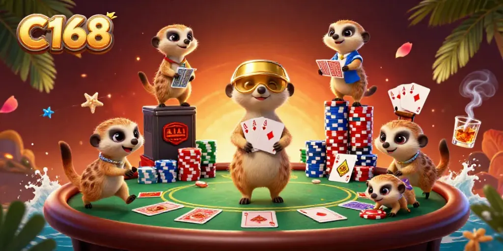Casino meerkats play in the vibrant C168 environment, showcasing high-stakes card games and excitement.