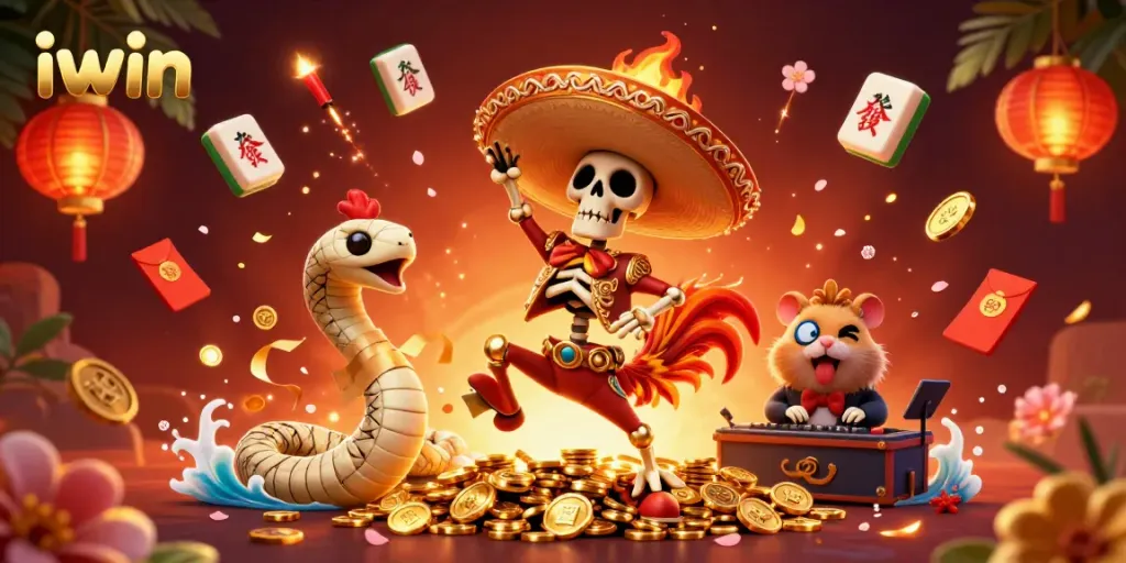 Engage in the thrilling iwin casino adventure with lively characters dancing among golden coins and vibrant game symbols.