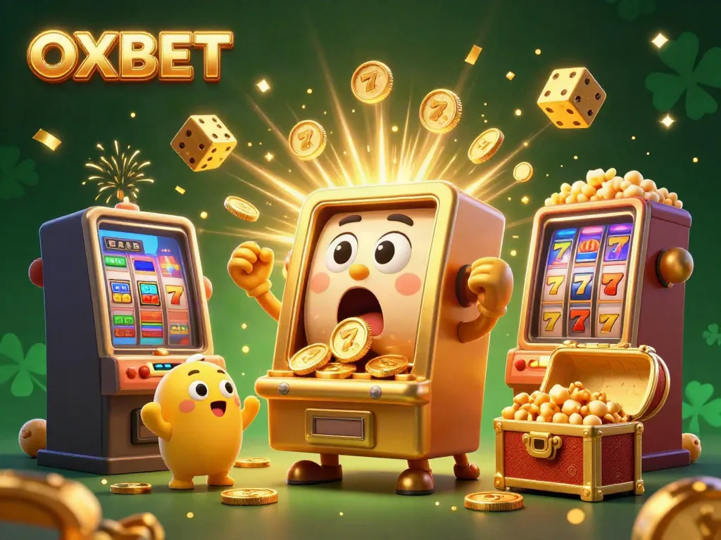 Witness OXBET's jackpot celebration as a golden slot machine and baby machines cheer, capturing the essence of casino excitement.