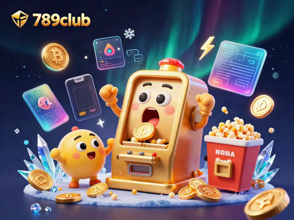 Experience the excitement of 789club's jackpot with a cartoon slot machine and golden coins.