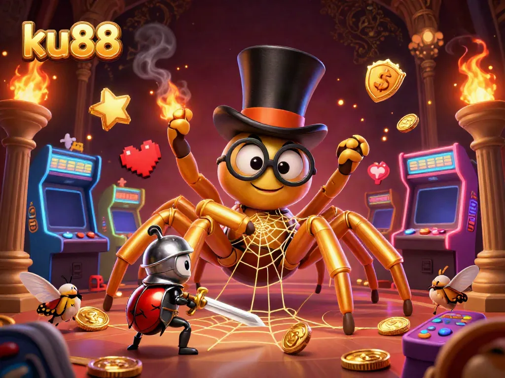 ku88's luxurious casino fun illustrated with a golden tarantula and vibrant game elements.