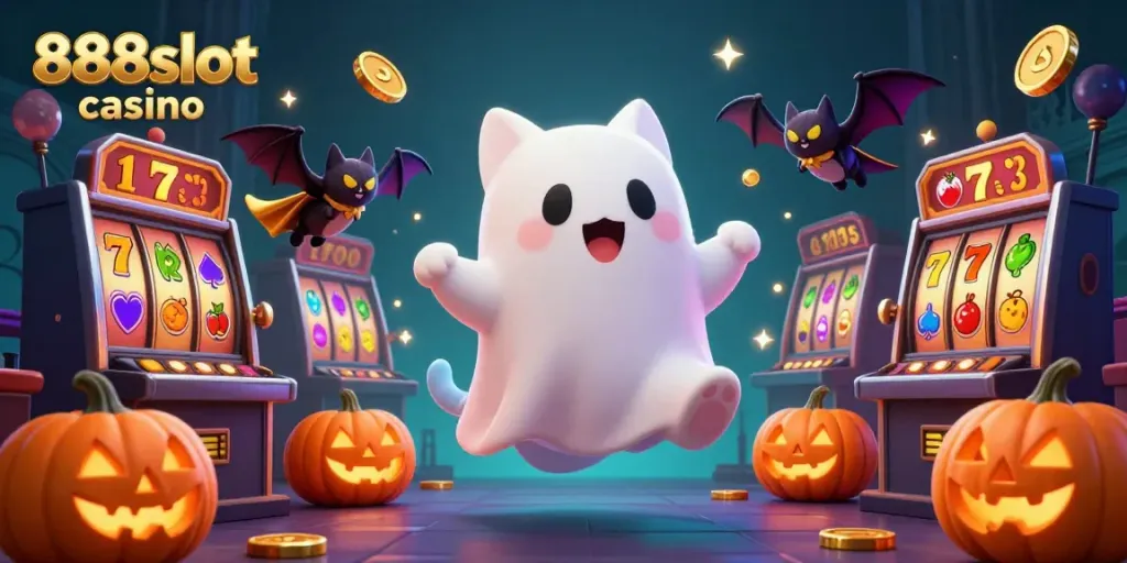 Join the fun at 888slot casino with a ghostly cat, vampire bat, and jackpot symbols flying through a haunted mansion.
