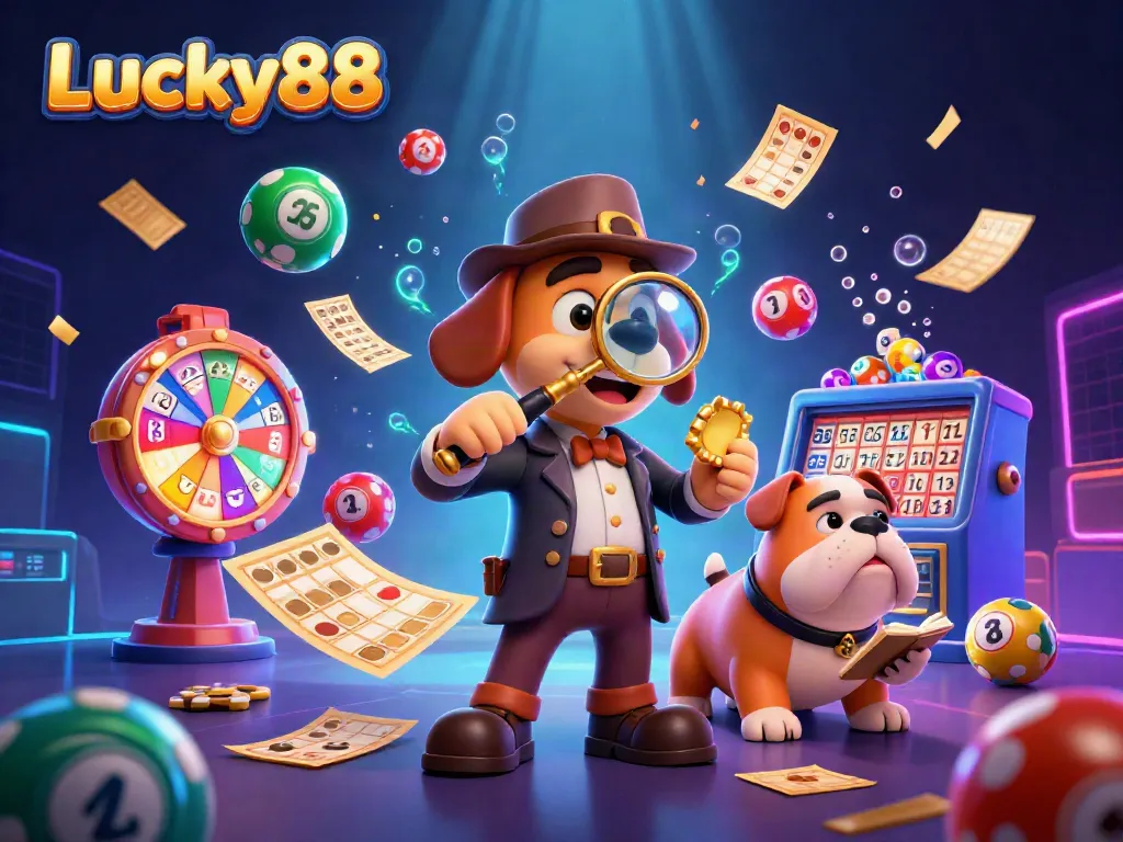 Lucky88 detective characters investigate a golden poker chip clue with vibrant lottery elements around them.