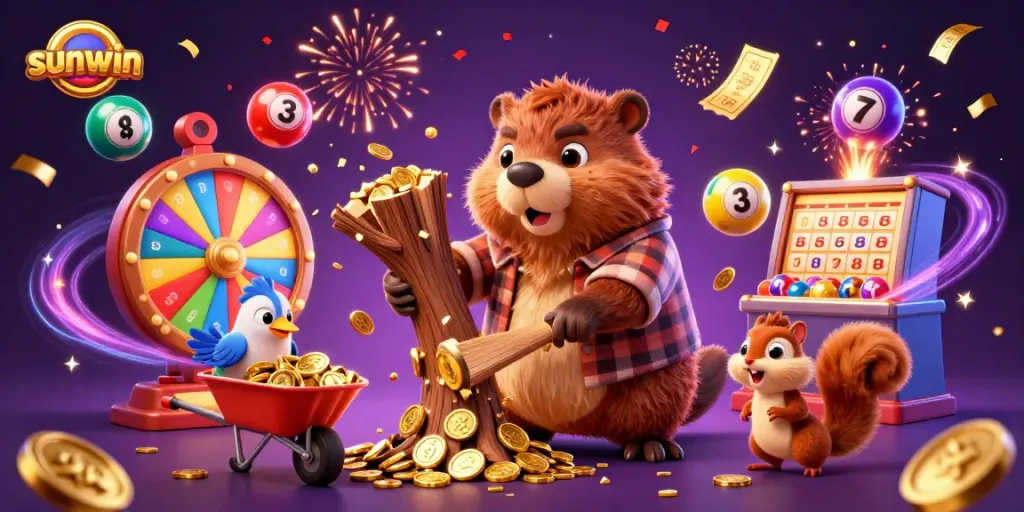 Engage with sunwin's vibrant casino world through a fun 3D beaver illustration featuring coins raining down.