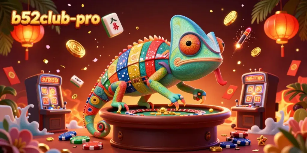Experience thrilling action at b52club-pro with a vibrant chameleon casino owner among glowing elements.